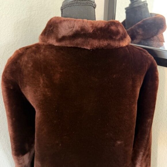 VINTAGE 50s Mouton Sheepskin Fur Chocolate Brown Coat Large - Picture 10 of 16